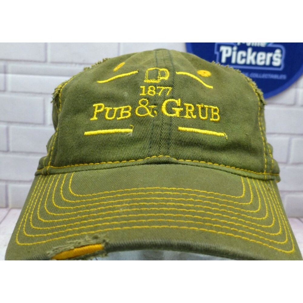 Pub & Grub 1877 Distressed Olive Green Baseball Cap With Yellow Stitching Adjust